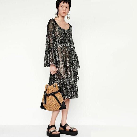 NWT Michael Kors black & silver metallic fibre floral print long sleeve dress, 8 - Picture 1 of 12